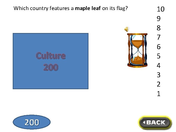 Which country features a maple leaf on its flag? Canada Culture 200 10 9