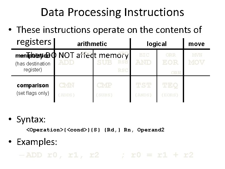 Data Processing Instructions • These instructions operate on the contents of registers arithmetic logical