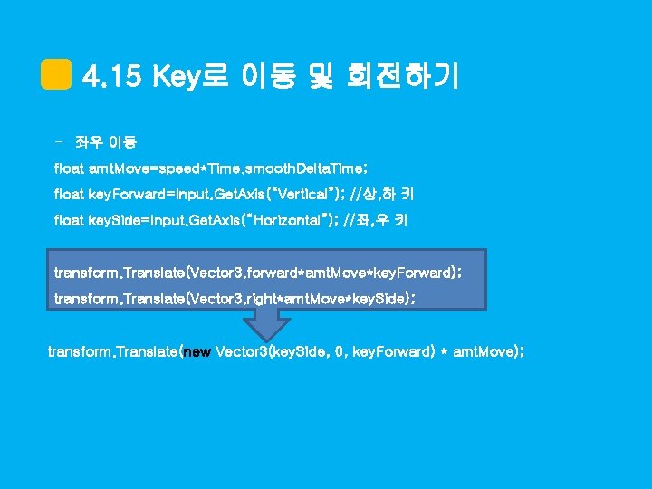 4. 15 Key로 이동 및 회전하기 - 좌우 이동 float amt. Move=speed*Time. smooth. Delta.