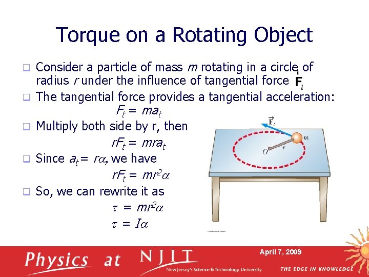Torque on a Rotating Object q q q Consider a particle of mass m
