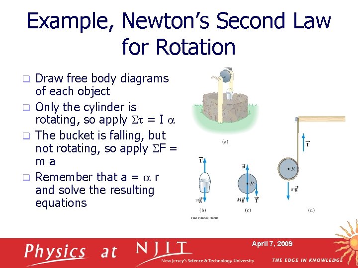 Example, Newton’s Second Law for Rotation Draw free body diagrams of each object q