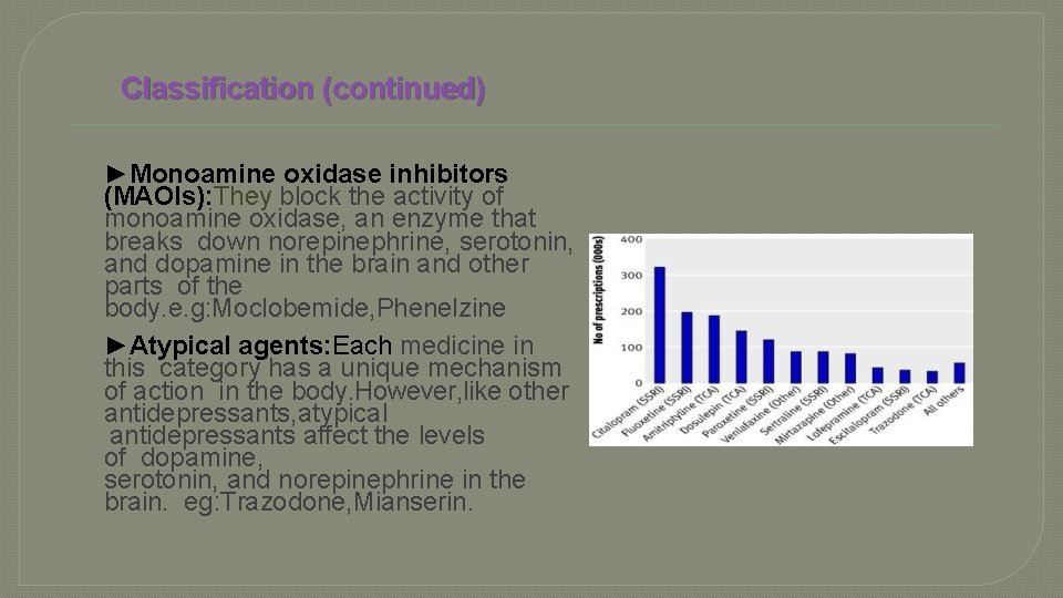 Classification (continued) ►Monoamine oxidase inhibitors (MAOIs): They block the activity of monoamine oxidase, an