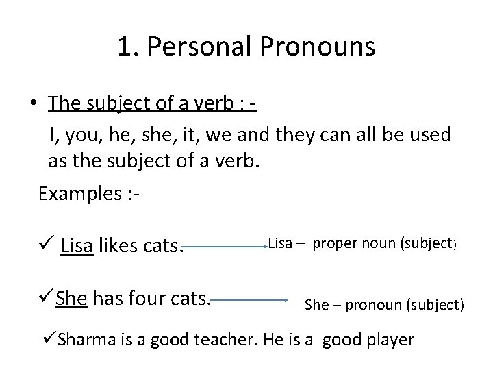 1. Personal Pronouns • The subject of a verb : I, you, he, she,