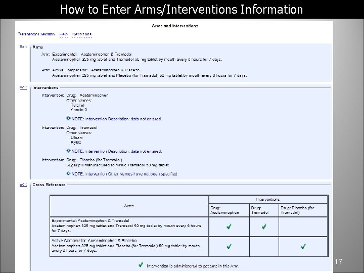 How to Enter Arms/Interventions Information 17 