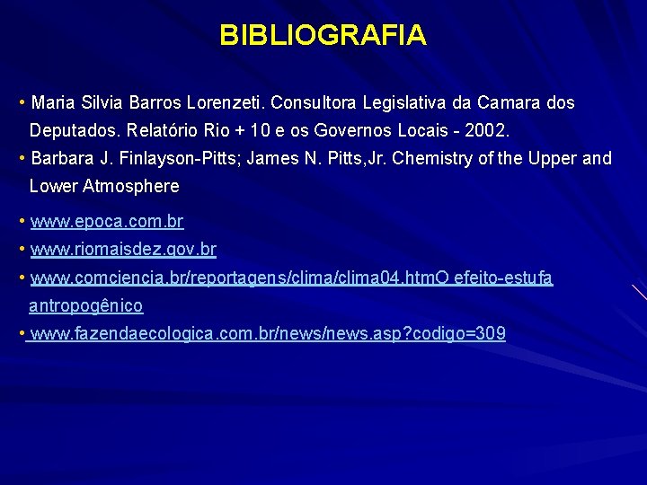 BIBLIOGRAFIA • Maria Silvia Barros Lorenzeti. Consultora Legislativa da Camara dos Deputados. Relatório Rio