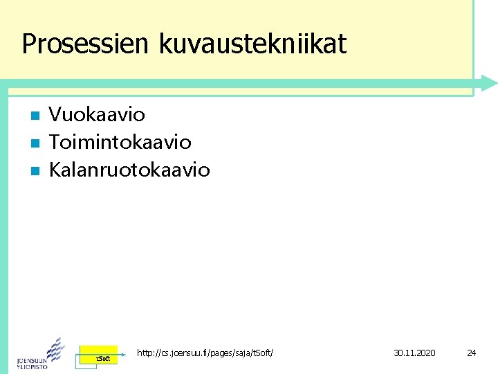 Prosessien kuvaustekniikat n n n Vuokaavio Toimintokaavio Kalanruotokaavio http: //cs. joensuu. fi/pages/saja/t. Soft/ 30.