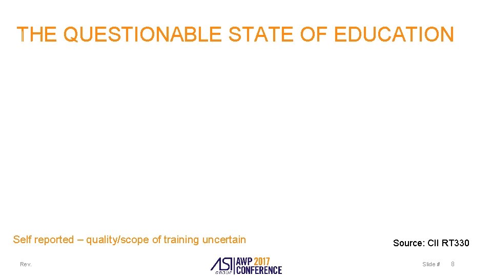 THE QUESTIONABLE STATE OF EDUCATION Self reported – quality/scope of training uncertain Rev. Source: