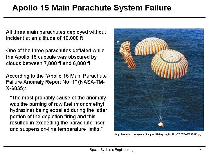 Apollo 15 Main Parachute System Failure All three main parachutes deployed without incident at