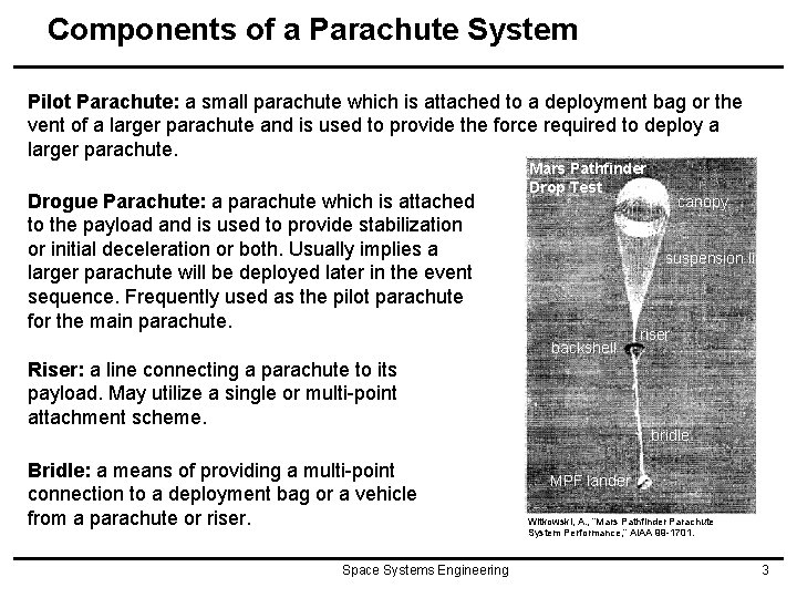 Components of a Parachute System Pilot Parachute: a small parachute which is attached to