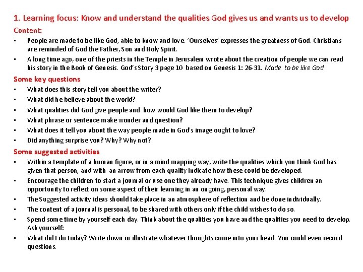 1. Learning focus: Know and understand the qualities God gives us and wants us