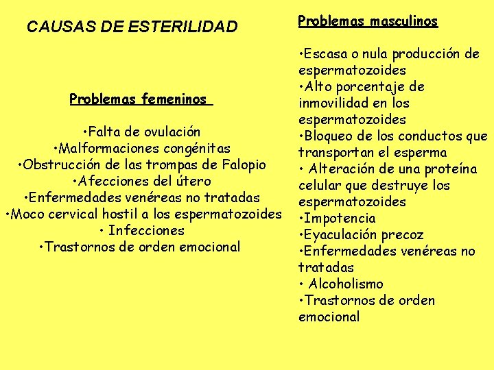 CAUSAS DE ESTERILIDAD Problemas femeninos • Falta de ovulación • Malformaciones congénitas • Obstrucción
