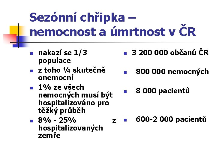 Sezónní chřipka – nemocnost a úmrtnost v ČR n n nakazí se 1/3 populace