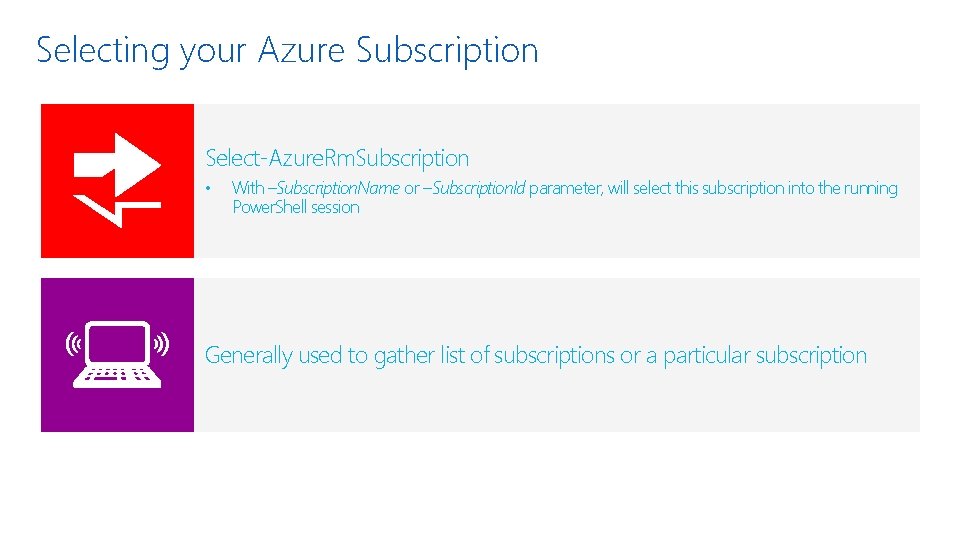 Selecting your Azure Subscription Select-Azure. Rm. Subscription • With –Subscription. Name or –Subscription. Id