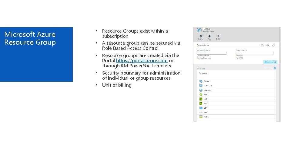 Microsoft Azure Resource Group • • • Resource Groups exist within a subscription A