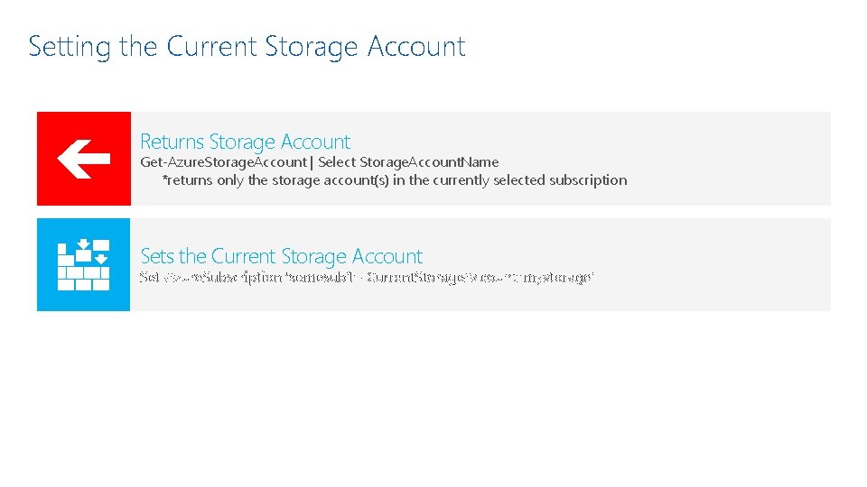 Setting the Current Storage Account Returns Storage Account Get-Azure. Storage. Account | Select Storage.