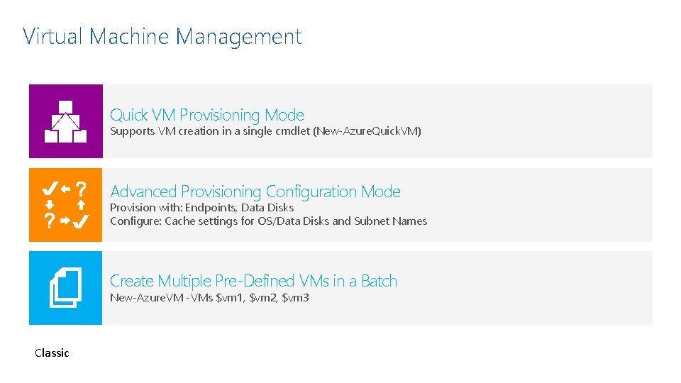 Virtual Machine Management Quick VM Provisioning Mode Supports VM creation in a single cmdlet