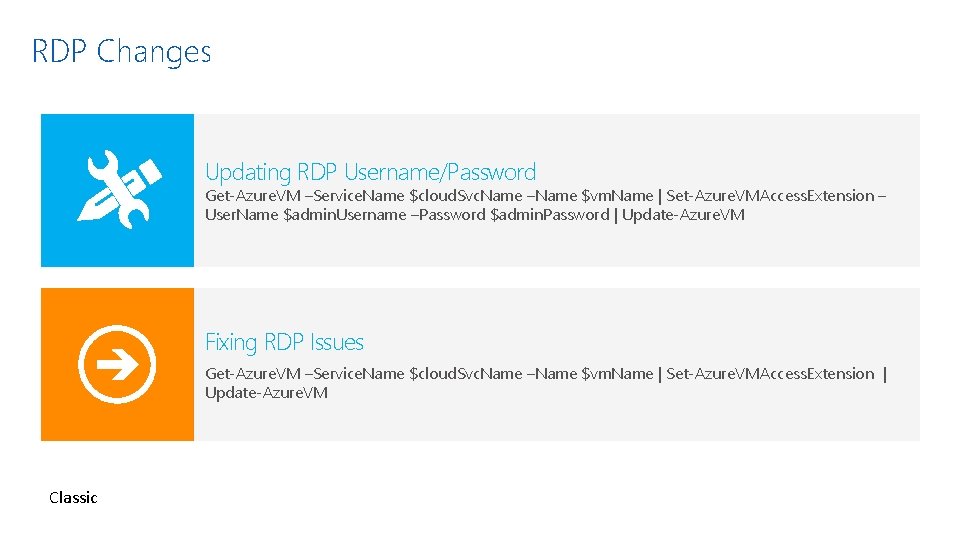 RDP Changes Updating RDP Username/Password Get-Azure. VM –Service. Name $cloud. Svc. Name –Name $vm.