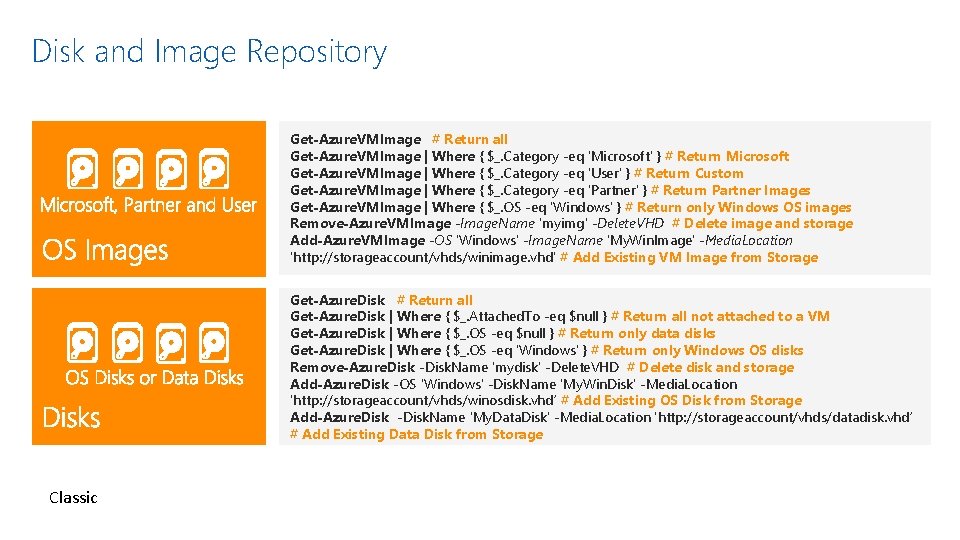 Disk and Image Repository Get-Azure. VMImage # Return all Get-Azure. VMImage | Where {