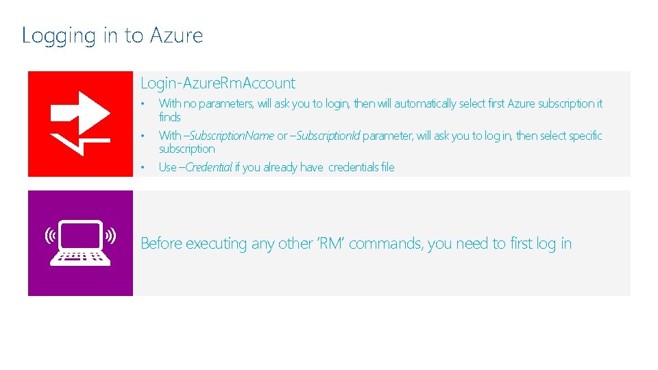 Logging in to Azure Login-Azure. Rm. Account • With no parameters, will ask you