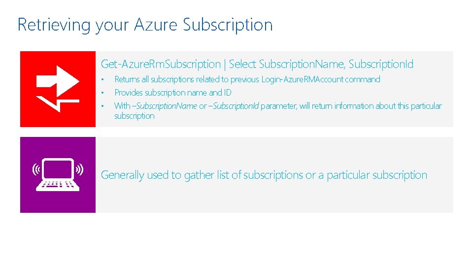 Retrieving your Azure Subscription Get-Azure. Rm. Subscription | Select Subscription. Name, Subscription. Id •