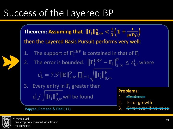 Success of the Layered BP Papyan, Romano & Elad (‘ 17) Michael Elad The