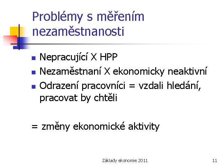 Problémy s měřením nezaměstnanosti n n n Nepracující X HPP Nezaměstnaní X ekonomicky neaktivní