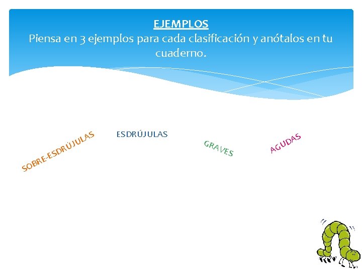 EJEMPLOS Piensa en 3 ejemplos para cada clasificación y anótalos en tu cuaderno. S