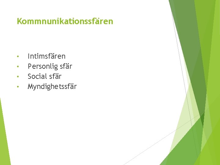 Kommnunikationssfären • • Intimsfären Personlig sfär Social sfär Myndighetssfär 