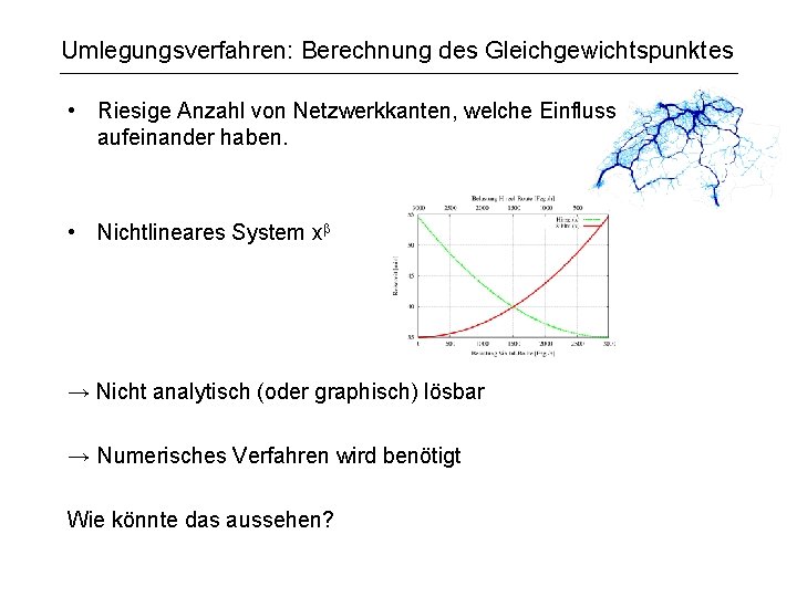 Umlegungsverfahren: Berechnung des Gleichgewichtspunktes • Riesige Anzahl von Netzwerkkanten, welche Einfluss aufeinander haben. •