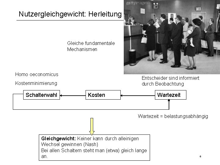Nutzergleichgewicht: Herleitung Gleiche fundamentale Mechanismen Homo oeconomicus Entscheider sind informiert durch Beobachtung Kostenminimierung Schalterwahl