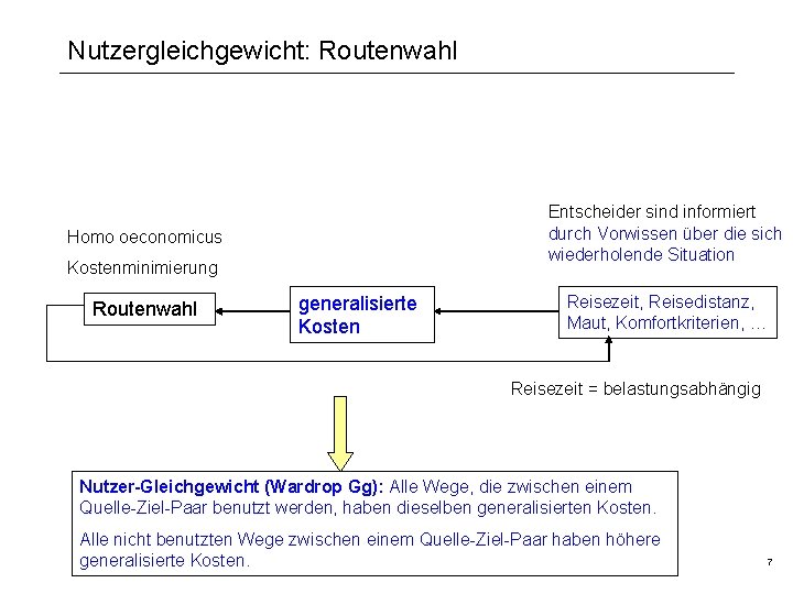 Nutzergleichgewicht: Routenwahl Entscheider sind informiert durch Vorwissen über die sich wiederholende Situation Homo oeconomicus
