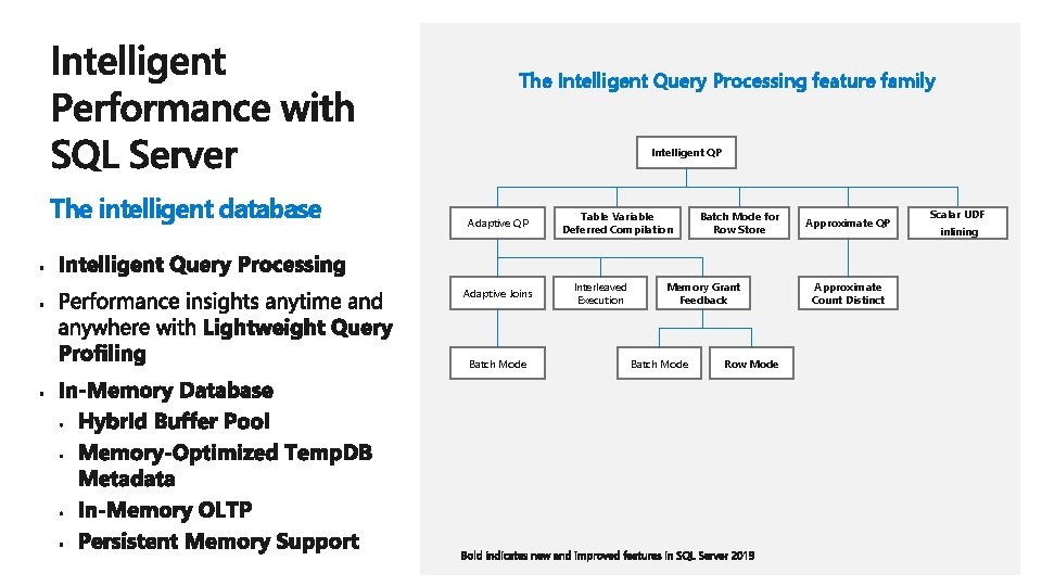 The Intelligent Query Processing feature family Intelligent QP The intelligent database Adaptive QP Adaptive