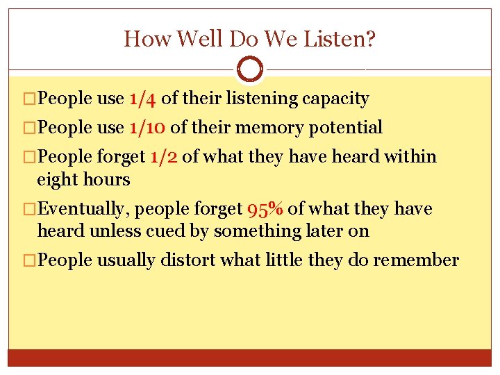 How Well Do We Listen? �People use 1/4 of their listening capacity �People use How Well Do We Listen? �People use 1/4 of their listening capacity �People use