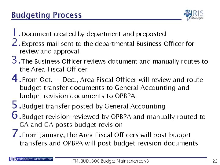 Budgeting Process 1. Document created by department and preposted 2. Express mail sent to