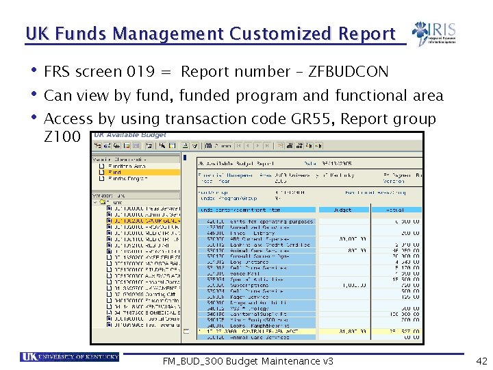 UK Funds Management Customized Report • FRS screen 019 = Report number – ZFBUDCON