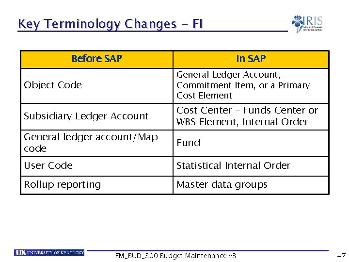 Key Terminology Changes - FI Before SAP In SAP Object Code General Ledger Account,