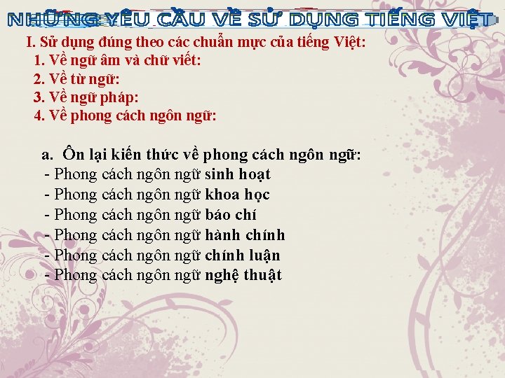 I. Sử dụng đúng theo các chuẩn mực của tiếng Việt: 1. Về ngữ