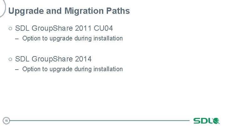 Upgrade and Migration Paths ○ SDL Group. Share 2011 CU 04 – Option to
