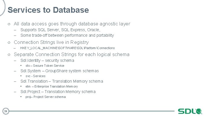Services to Database ○ All data access goes through database agnostic layer – –