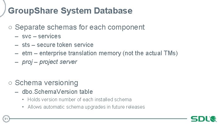 Group. Share System Database ○ Separate schemas for each component – – svc –