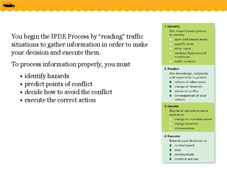 You begin the IPDE Process by “reading” traffic situations to gather information in order