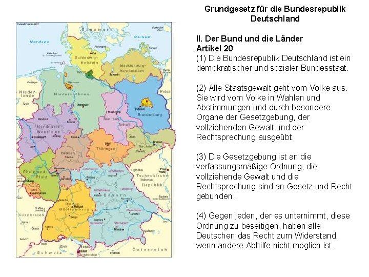 Grundgesetz für die Bundesrepublik Deutschland II. Der Bund die Länder Artikel 20 (1) Die