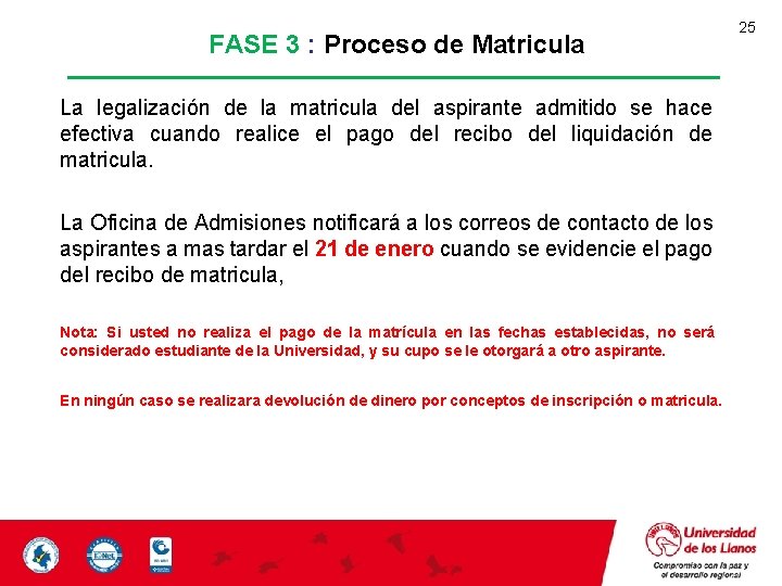 FASE 3 : Proceso de Matricula La legalización de la matricula del aspirante admitido