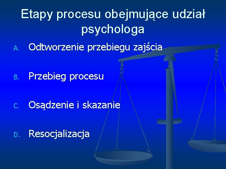 Etapy procesu obejmujące udział psychologa A. Odtworzenie przebiegu zajścia B. Przebieg procesu C. Osądzenie