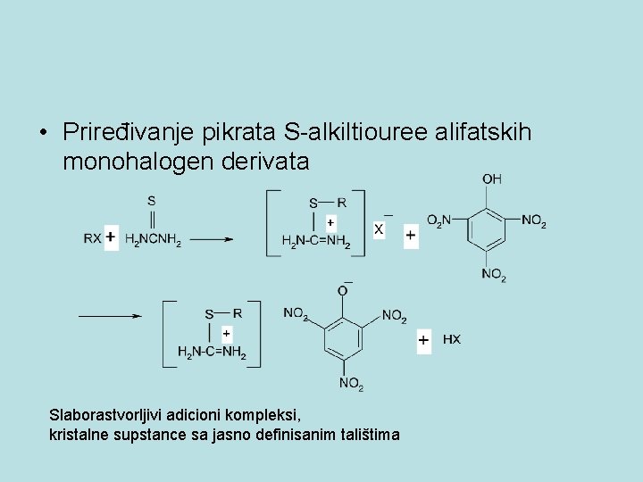  • Priređivanje pikrata S-alkiltiouree alifatskih monohalogen derivata Slaborastvorljivi adicioni kompleksi, kristalne supstance sa