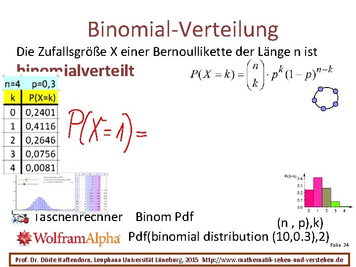 Binomial-Verteilung Die Zufallsgröße X einer Bernoullikette der Länge n ist binomialverteilt Taschenrechner Binom Pdf