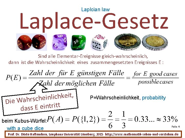 Laplace-Gesetz Laplcian law Sind alle Elementar-Ereignisse gleich-wahrscheinlich, dann ist die Wahrscheinlichkeit eines zusammengesetzten Ereignisses