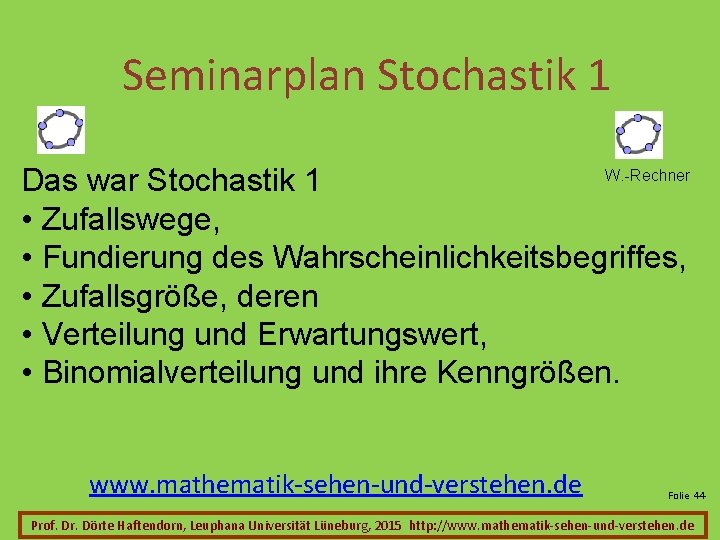 Seminarplan Stochastik 1 W. -Rechner Das war Stochastik 1 • Zufallswege, • Fundierung des
