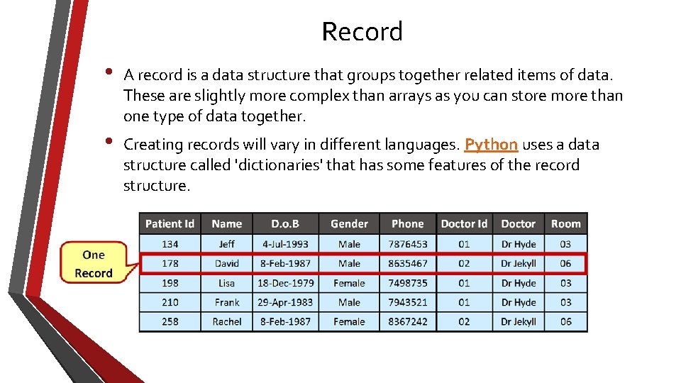 Record • A record is a data structure that groups together related items of