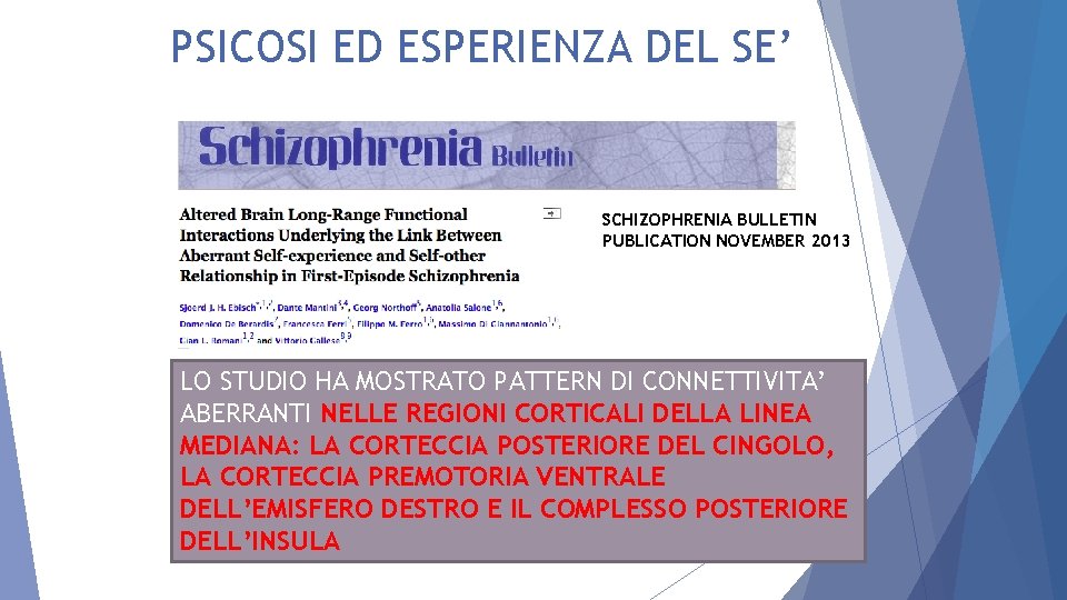 PSICOSI ED ESPERIENZA DEL SE’ SCHIZOPHRENIA BULLETIN PUBLICATION NOVEMBER 2013 LO STUDIO HA MOSTRATO